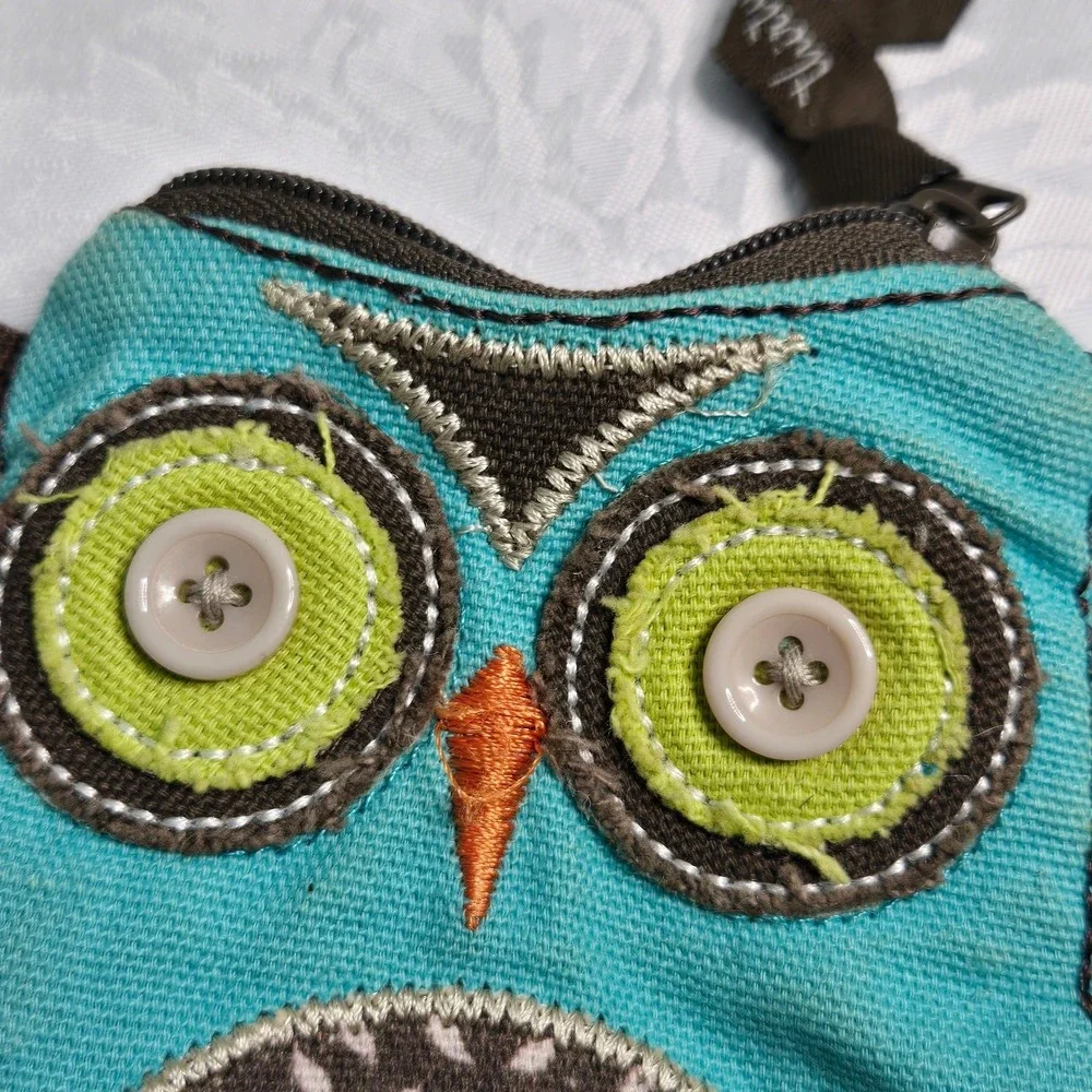Thirty-One Owl Coin Purse Turquoise Blue Canvas Zipper Pouch with Key Clip